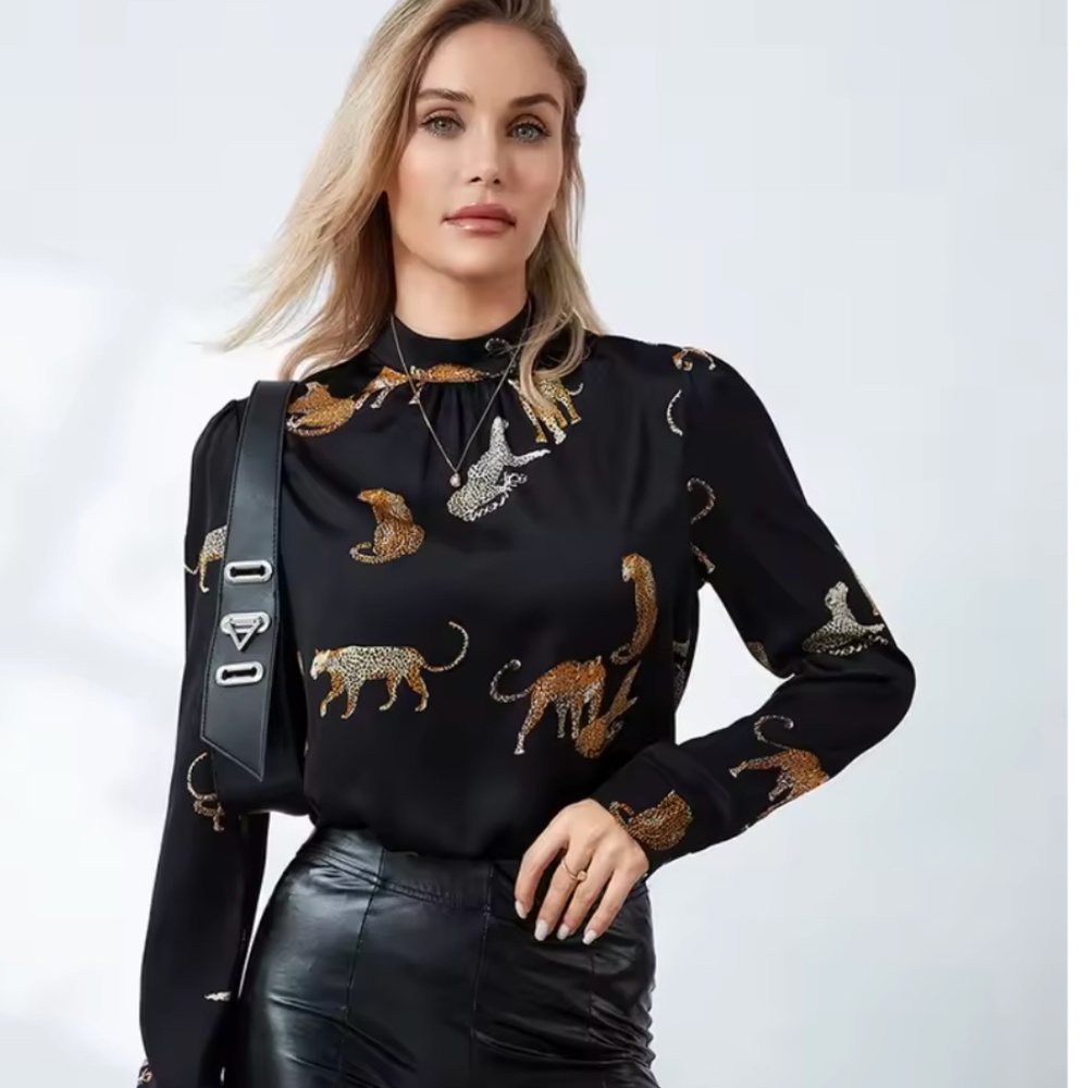 Black Satin Leopard Top Long Sleeves Blouse - Brand New - MEDIUM